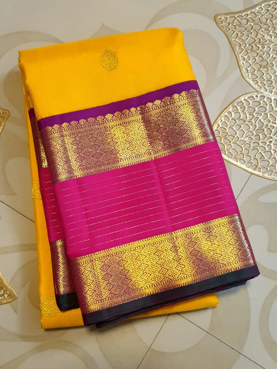 2G Pure Kanjivaram Silk Saree in Bright Yellow with Magenta Broad Zari Border & Grand Zari Pallu | Silkmark Certified