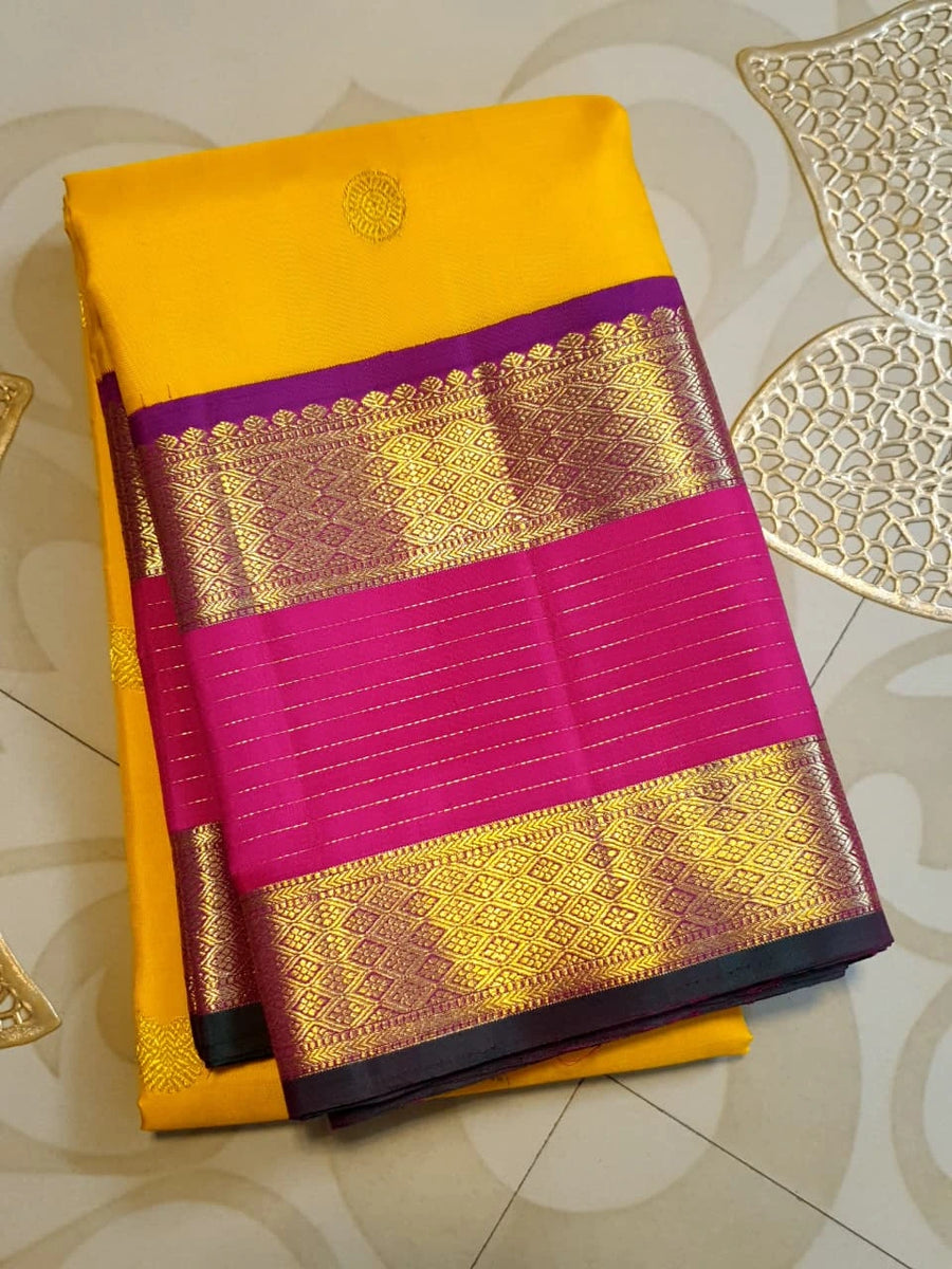 2G Pure Kanjivaram Silk Saree in Bright Yellow with Magenta Broad Zari Border & Grand Zari Pallu | Silkmark Certified