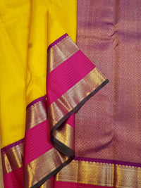 2G Pure Kanjivaram Silk Saree in Bright Yellow with Magenta Broad Zari Border & Grand Zari Pallu | Silkmark Certified
