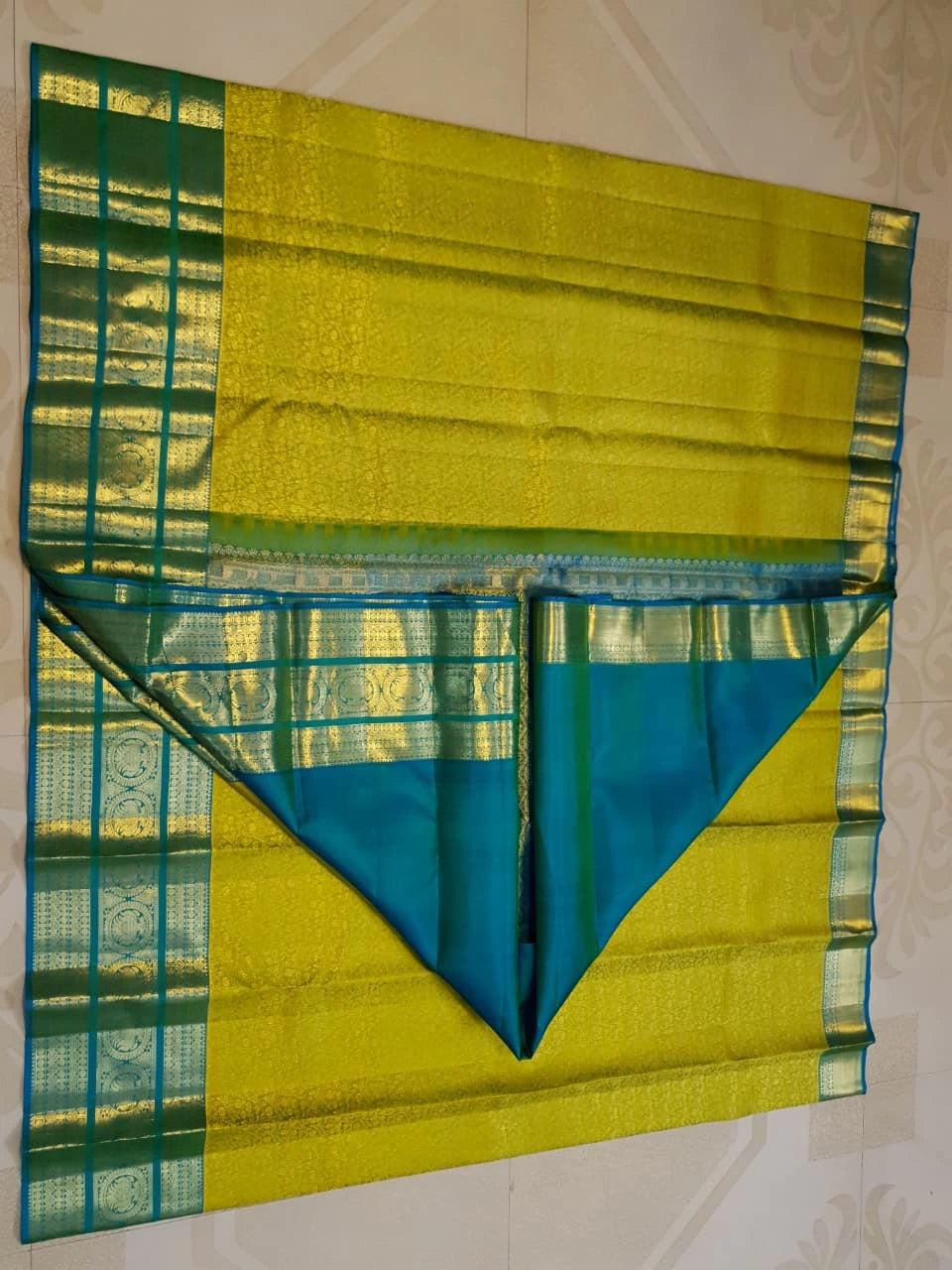 2G Pure Kanjivaram Silk Saree in Lime Green with Teal Blue Peacock Zari Border & Grand Gold Zari Pallu | Silkmark Certified