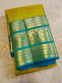 2G Pure Kanjivaram Silk Saree in Lime Green with Teal Blue Peacock Zari Border & Grand Gold Zari Pallu | Silkmark Certified