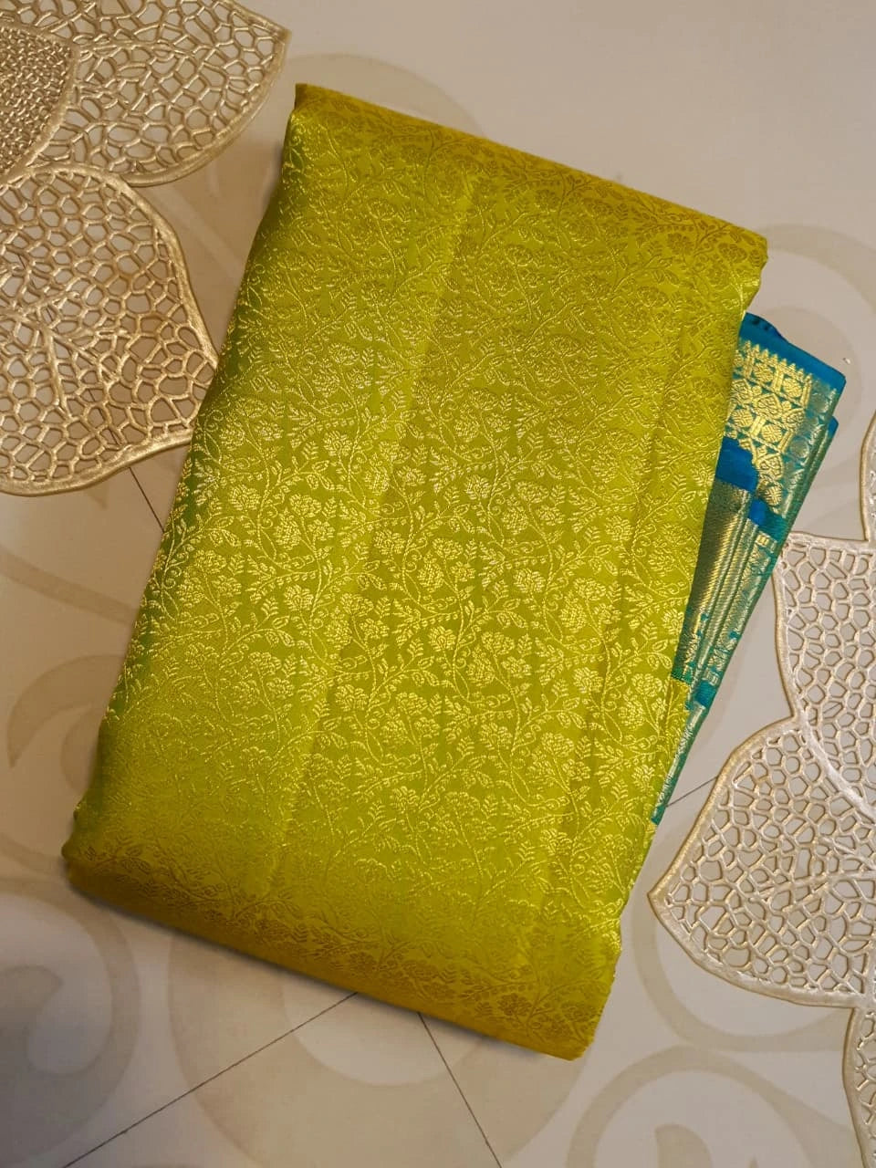 2G Pure Kanjivaram Silk Saree in Lime Green with Teal Blue Peacock Zari Border & Grand Gold Zari Pallu | Silkmark Certified