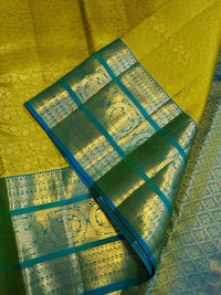 2G Pure Kanjivaram Silk Saree in Lime Green with Teal Blue Peacock Zari Border & Grand Gold Zari Pallu | Silkmark Certified