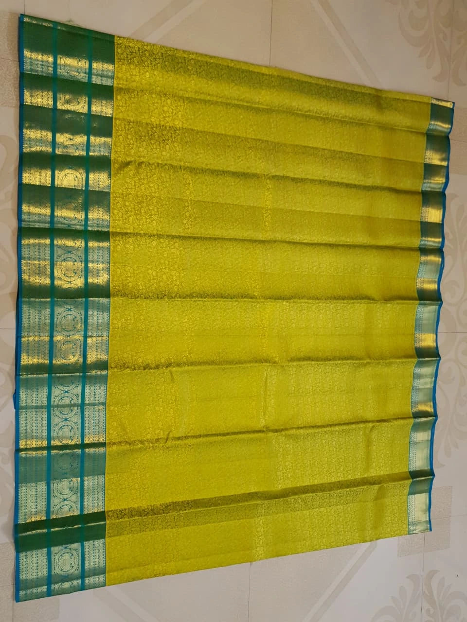2G Pure Kanjivaram Silk Saree in Lime Green with Teal Blue Peacock Zari Border & Grand Gold Zari Pallu | Silkmark Certified