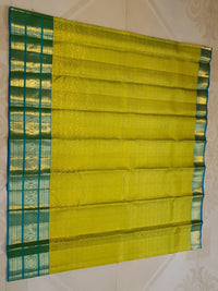 2G Pure Kanjivaram Silk Saree in Lime Green with Teal Blue Peacock Zari Border & Grand Gold Zari Pallu | Silkmark Certified