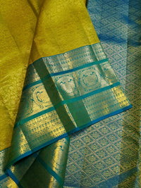 2G Pure Kanjivaram Silk Saree in Lime Green with Teal Blue Peacock Zari Border & Grand Gold Zari Pallu | Silkmark Certified