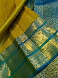 2G Pure Kanjivaram Silk Saree in Lime Green with Teal Blue Peacock Zari Border & Grand Gold Zari Pallu | Silkmark Certified