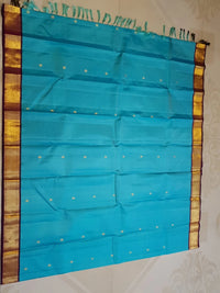 2 Gram Pure Kanjivaram Silk Saree in Turquoise Blue with Maroon Contrast Border & Rich Gold Zari Pallu | Silkmark Certified