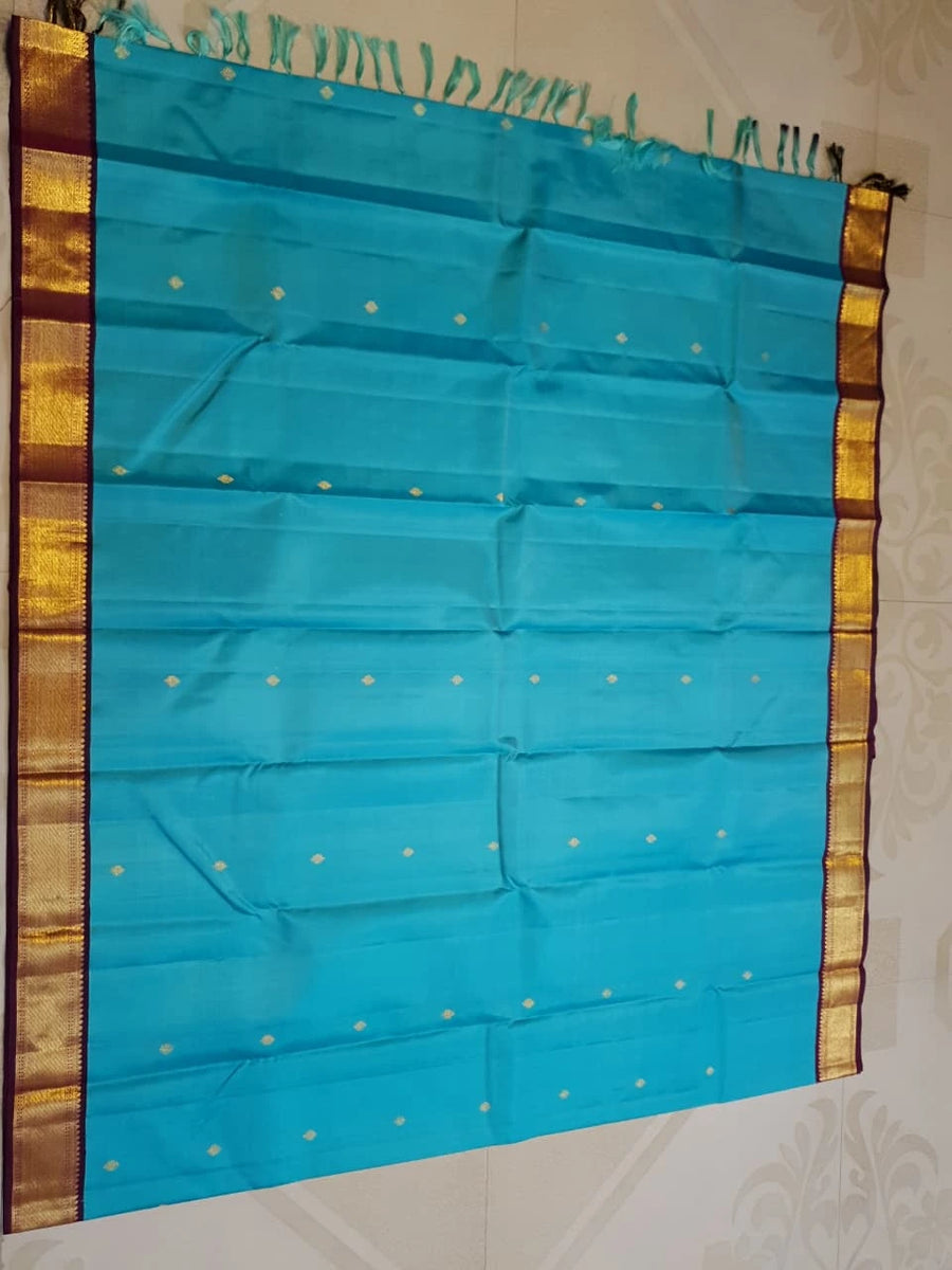 2 Gram Pure Kanjivaram Silk Saree in Turquoise Blue with Maroon Contrast Border & Rich Gold Zari Pallu | Silkmark Certified