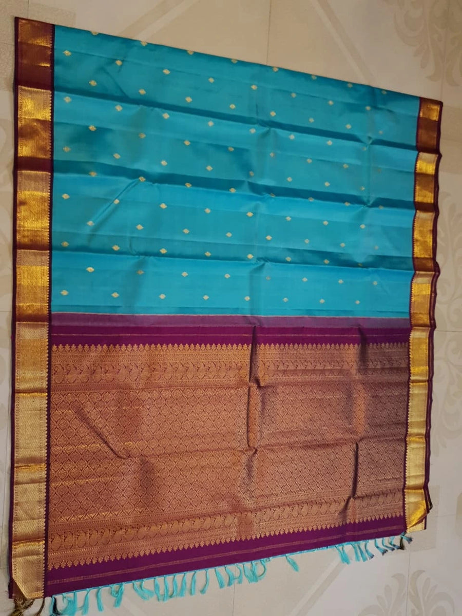 2 Gram Pure Kanjivaram Silk Saree in Turquoise Blue with Maroon Contrast Border & Rich Gold Zari Pallu | Silkmark Certified