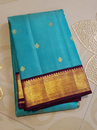 2 Gram Pure Kanjivaram Silk Saree in Turquoise Blue with Maroon Contrast Border & Rich Gold Zari Pallu | Silkmark Certified