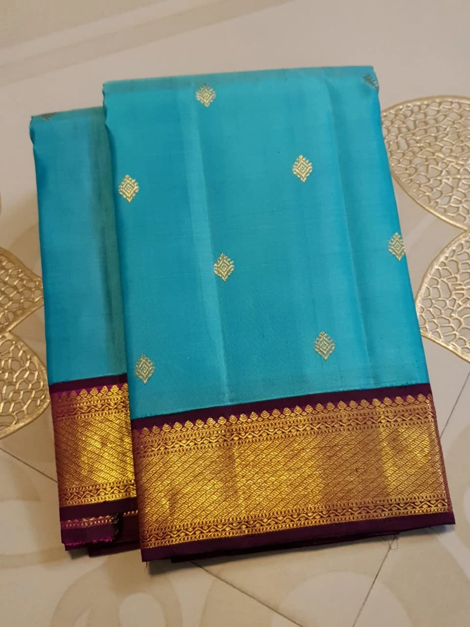 2 Gram Pure Kanjivaram Silk Saree in Turquoise Blue with Maroon Contrast Border & Rich Gold Zari Pallu | Silkmark Certified