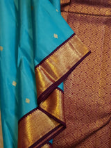 2 Gram Pure Kanjivaram Silk Saree in Turquoise Blue with Maroon Contrast Border & Rich Gold Zari Pallu | Silkmark Certified