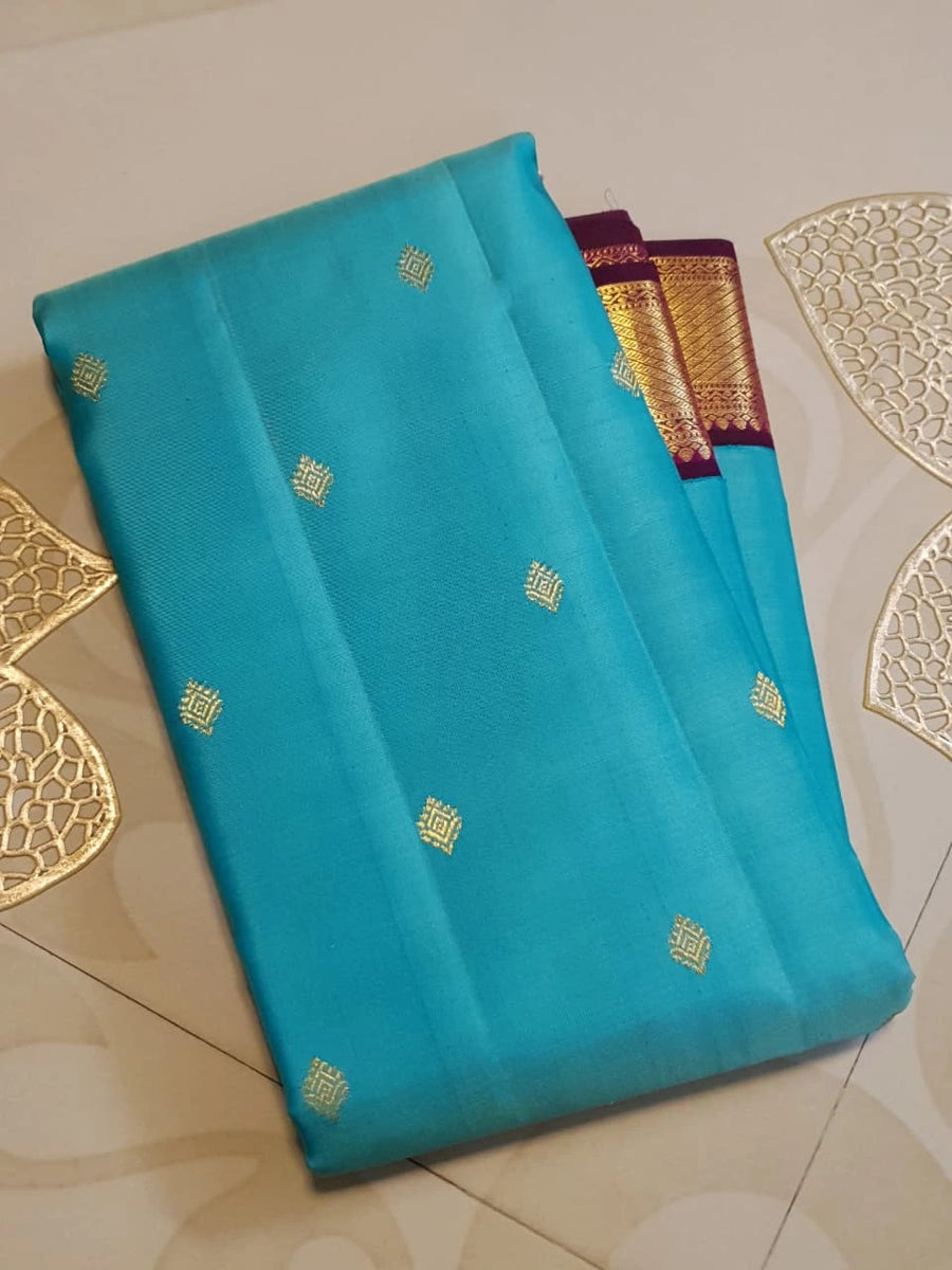 2 Gram Pure Kanjivaram Silk Saree in Turquoise Blue with Maroon Contrast Border & Rich Gold Zari Pallu | Silkmark Certified