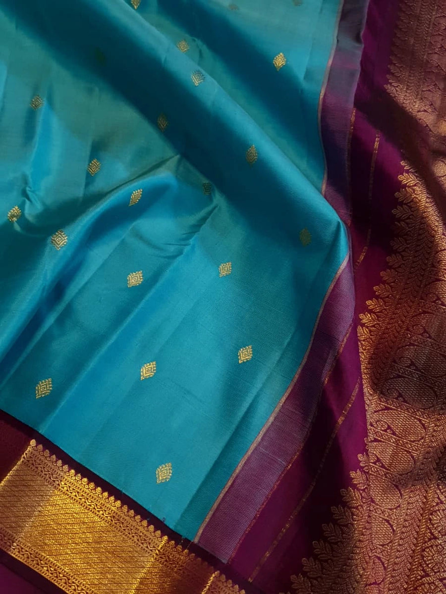 2 Gram Pure Kanjivaram Silk Saree in Turquoise Blue with Maroon Contrast Border & Rich Gold Zari Pallu | Silkmark Certified
