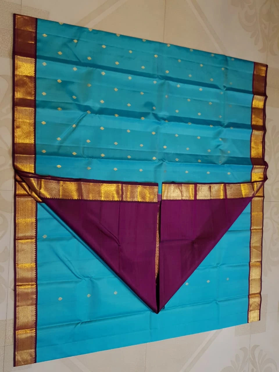 2 Gram Pure Kanjivaram Silk Saree in Turquoise Blue with Maroon Contrast Border & Rich Gold Zari Pallu | Silkmark Certified