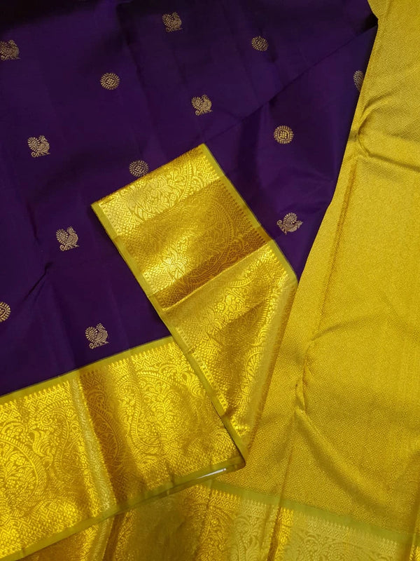 2G Pure Korvai Kanjivaram Silk Saree in Rich Purple with Lemon Yellow Broad Gold Zari Border & Grand Gold Zari Pallu | Silkmark Certified