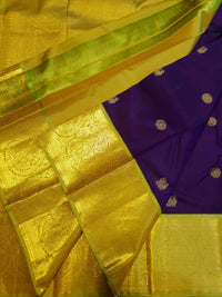 2G Pure Korvai Kanjivaram Silk Saree in Rich Purple with Lemon Yellow Broad Gold Zari Border & Grand Gold Zari Pallu | Silkmark Certified
