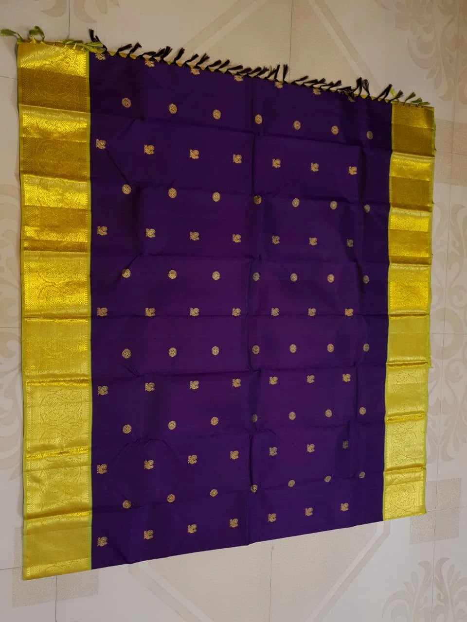 2G Pure Korvai Kanjivaram Silk Saree in Rich Purple with Lemon Yellow Broad Gold Zari Border & Grand Gold Zari Pallu | Silkmark Certified