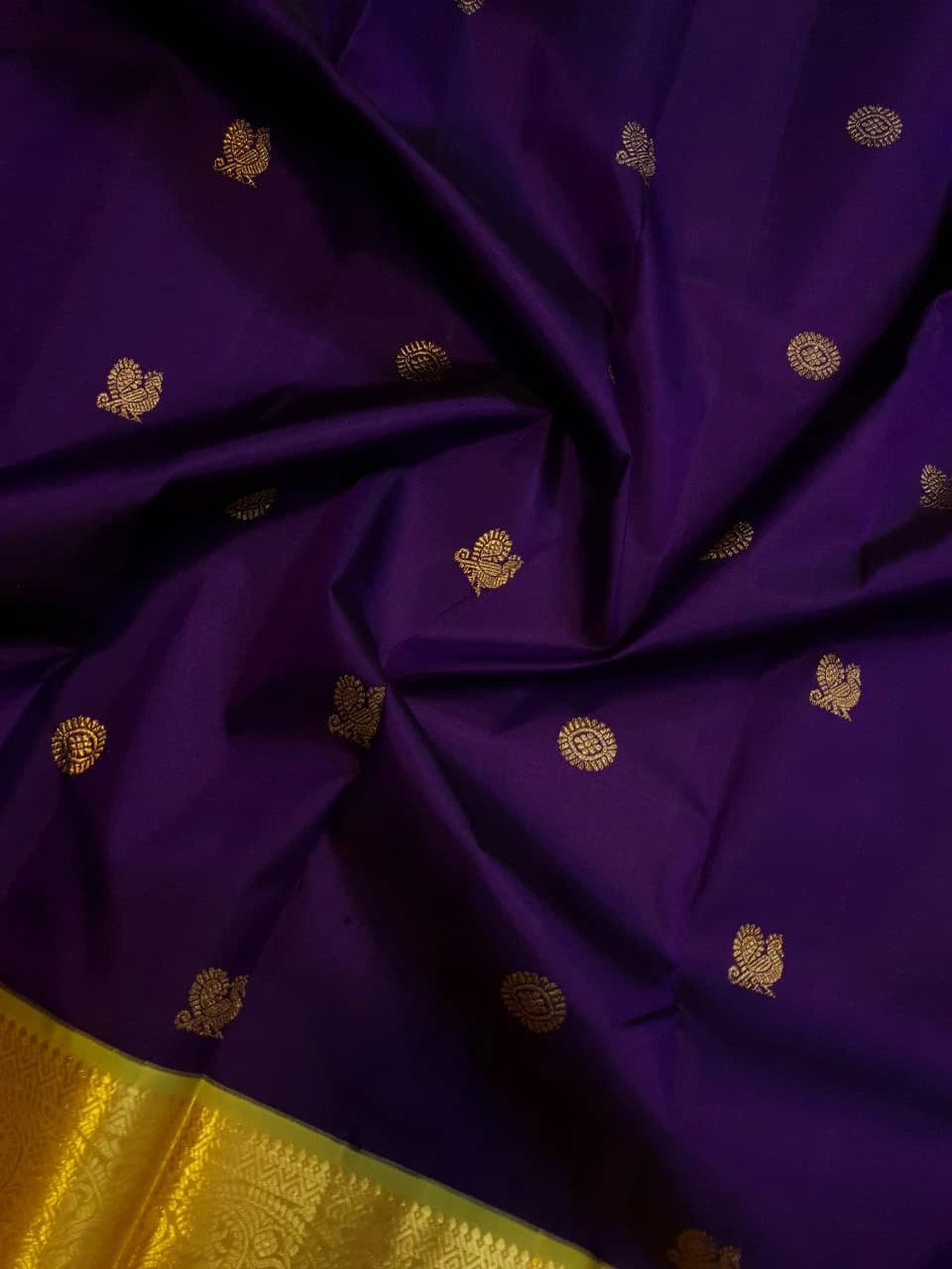 2G Pure Korvai Kanjivaram Silk Saree in Rich Purple with Lemon Yellow Broad Gold Zari Border & Grand Gold Zari Pallu | Silkmark Certified