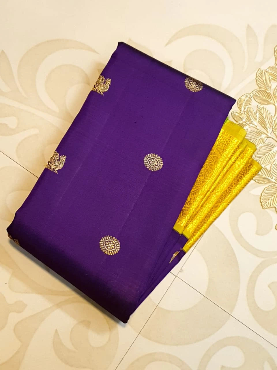 2G Pure Korvai Kanjivaram Silk Saree in Rich Purple with Lemon Yellow Broad Gold Zari Border & Grand Gold Zari Pallu | Silkmark Certified