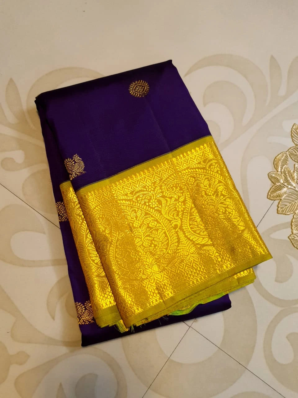 2G Pure Korvai Kanjivaram Silk Saree in Rich Purple with Lemon Yellow Broad Gold Zari Border & Grand Gold Zari Pallu | Silkmark Certified