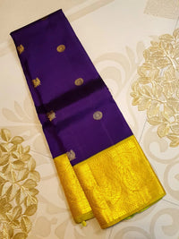 2G Pure Korvai Kanjivaram Silk Saree in Rich Purple with Lemon Yellow Broad Gold Zari Border & Grand Gold Zari Pallu | Silkmark Certified