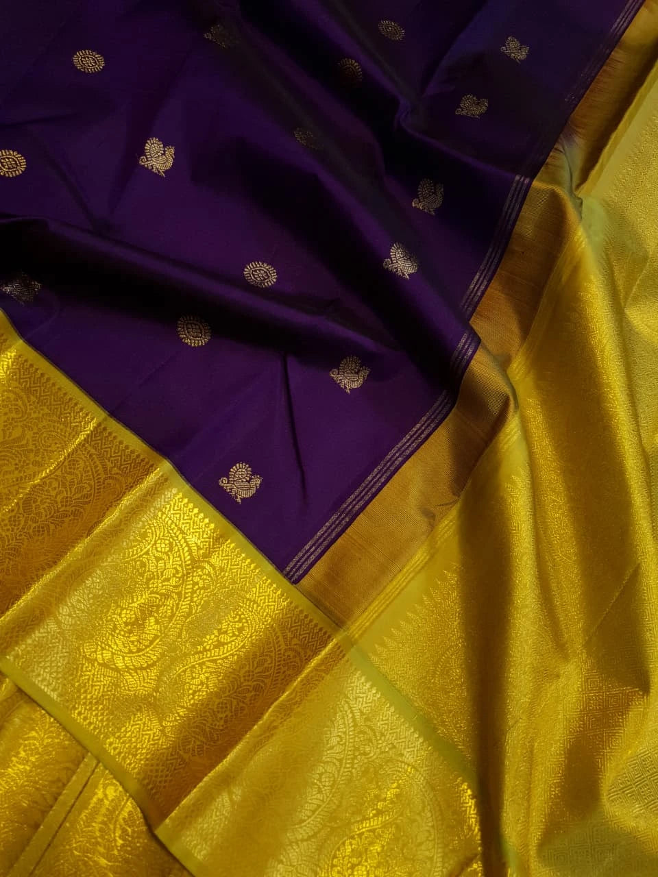 2G Pure Korvai Kanjivaram Silk Saree in Rich Purple with Lemon Yellow Broad Gold Zari Border & Grand Gold Zari Pallu | Silkmark Certified