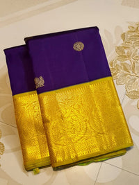 2G Pure Korvai Kanjivaram Silk Saree in Rich Purple with Lemon Yellow Broad Gold Zari Border & Grand Gold Zari Pallu | Silkmark Certified