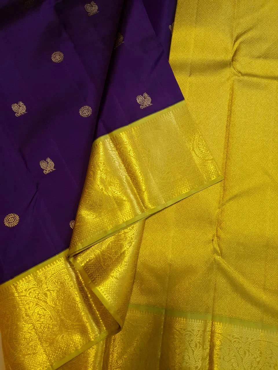 2G Pure Korvai Kanjivaram Silk Saree in Rich Purple with Lemon Yellow Broad Gold Zari Border & Grand Gold Zari Pallu | Silkmark Certified