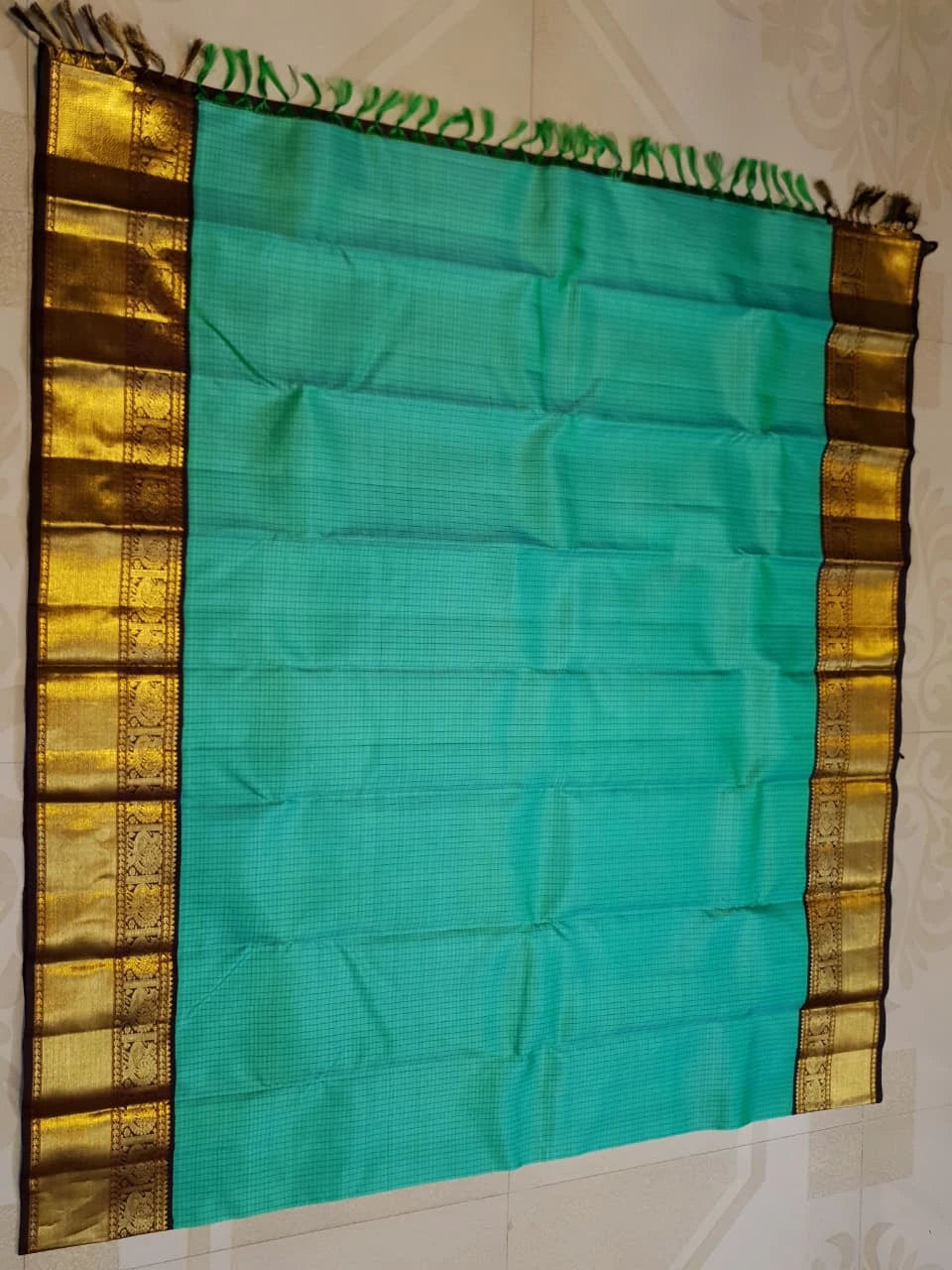 2G  Pure Korvai Kanjivaram Silk Saree in Turquoise Green with Black Checks, Brown Peacock Zari Border & Rich Gold Zari Pallu | Silkmark Certified