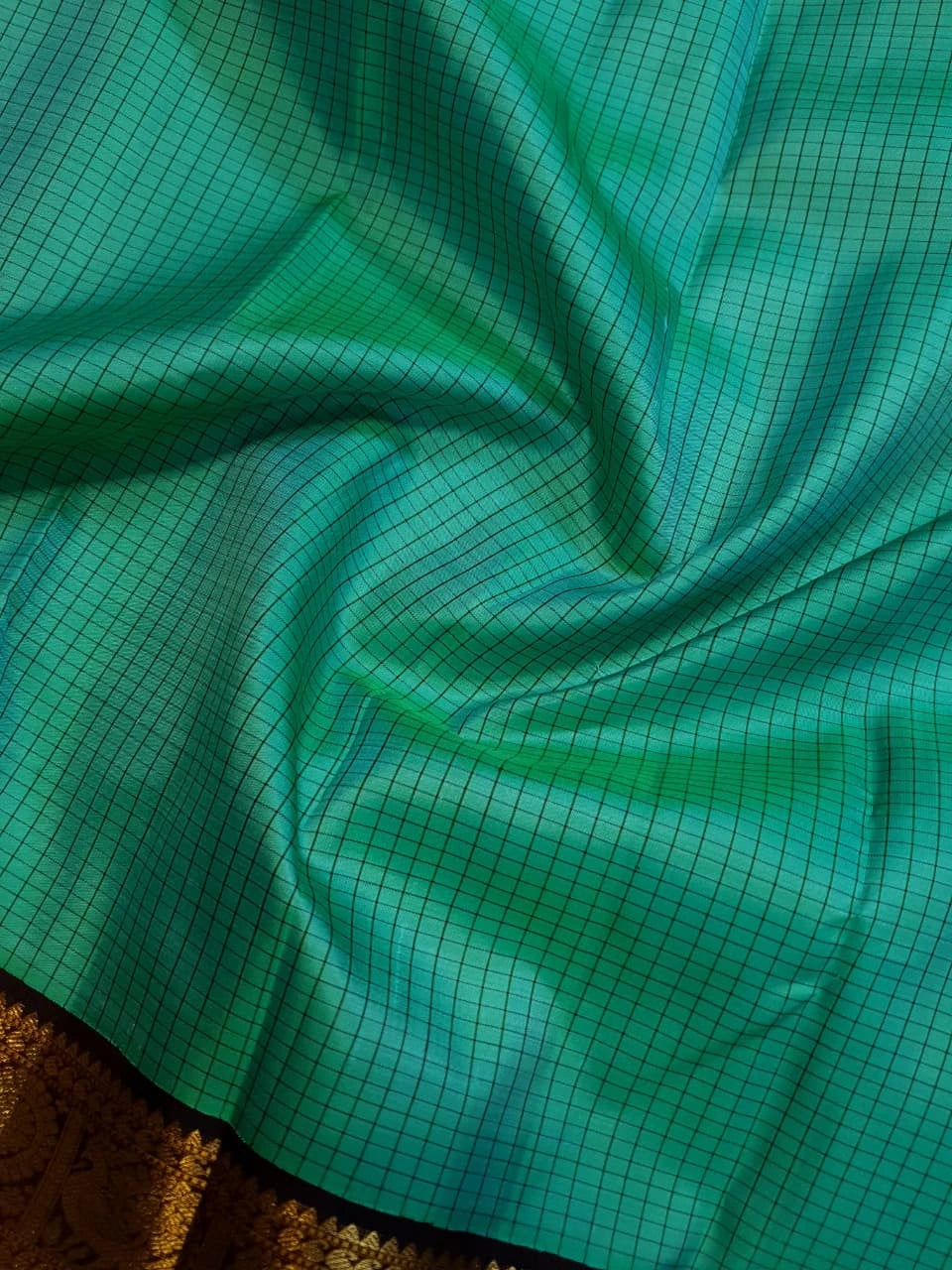 2G  Pure Korvai Kanjivaram Silk Saree in Turquoise Green with Black Checks, Brown Peacock Zari Border & Rich Gold Zari Pallu | Silkmark Certified
