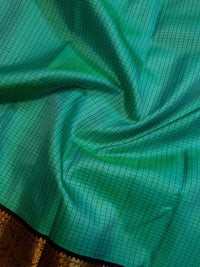 2G  Pure Korvai Kanjivaram Silk Saree in Turquoise Green with Black Checks, Brown Peacock Zari Border & Rich Gold Zari Pallu | Silkmark Certified
