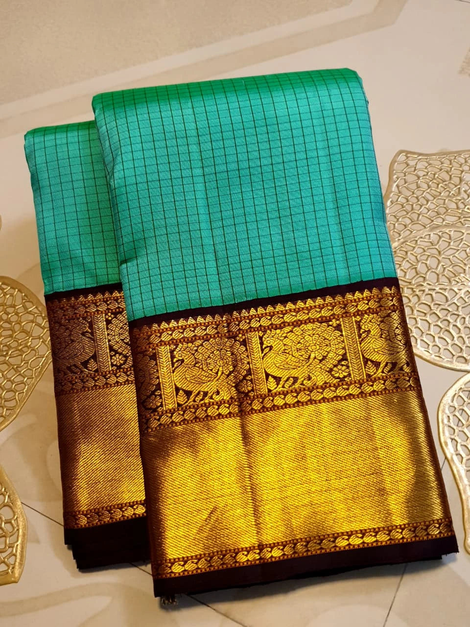 2G  Pure Korvai Kanjivaram Silk Saree in Turquoise Green with Black Checks, Brown Peacock Zari Border & Rich Gold Zari Pallu | Silkmark Certified