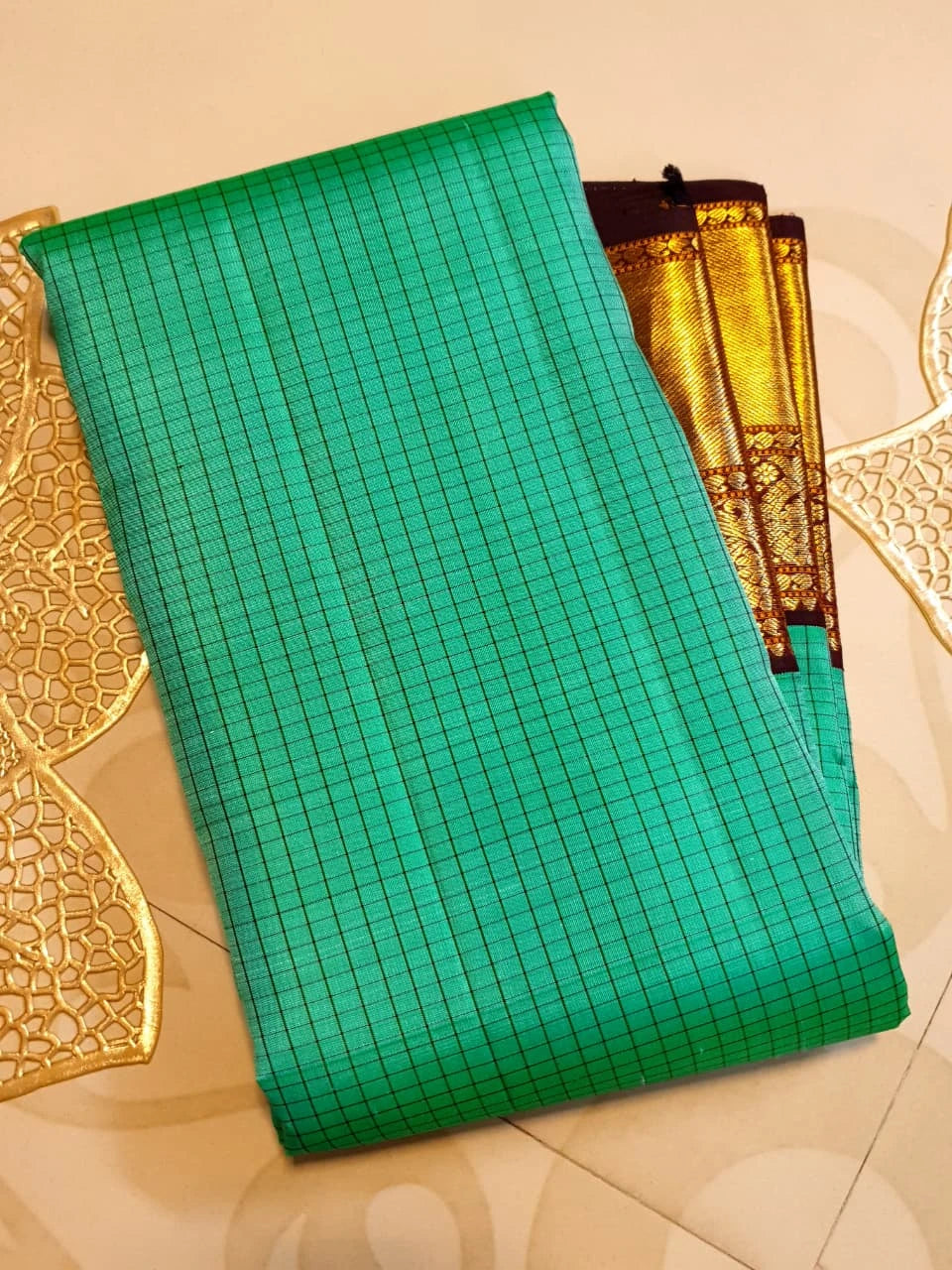2G  Pure Korvai Kanjivaram Silk Saree in Turquoise Green with Black Checks, Brown Peacock Zari Border & Rich Gold Zari Pallu | Silkmark Certified