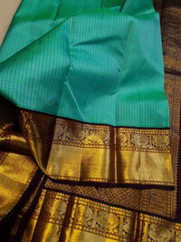 2G  Pure Korvai Kanjivaram Silk Saree in Turquoise Green with Black Checks, Brown Peacock Zari Border & Rich Gold Zari Pallu | Silkmark Certified