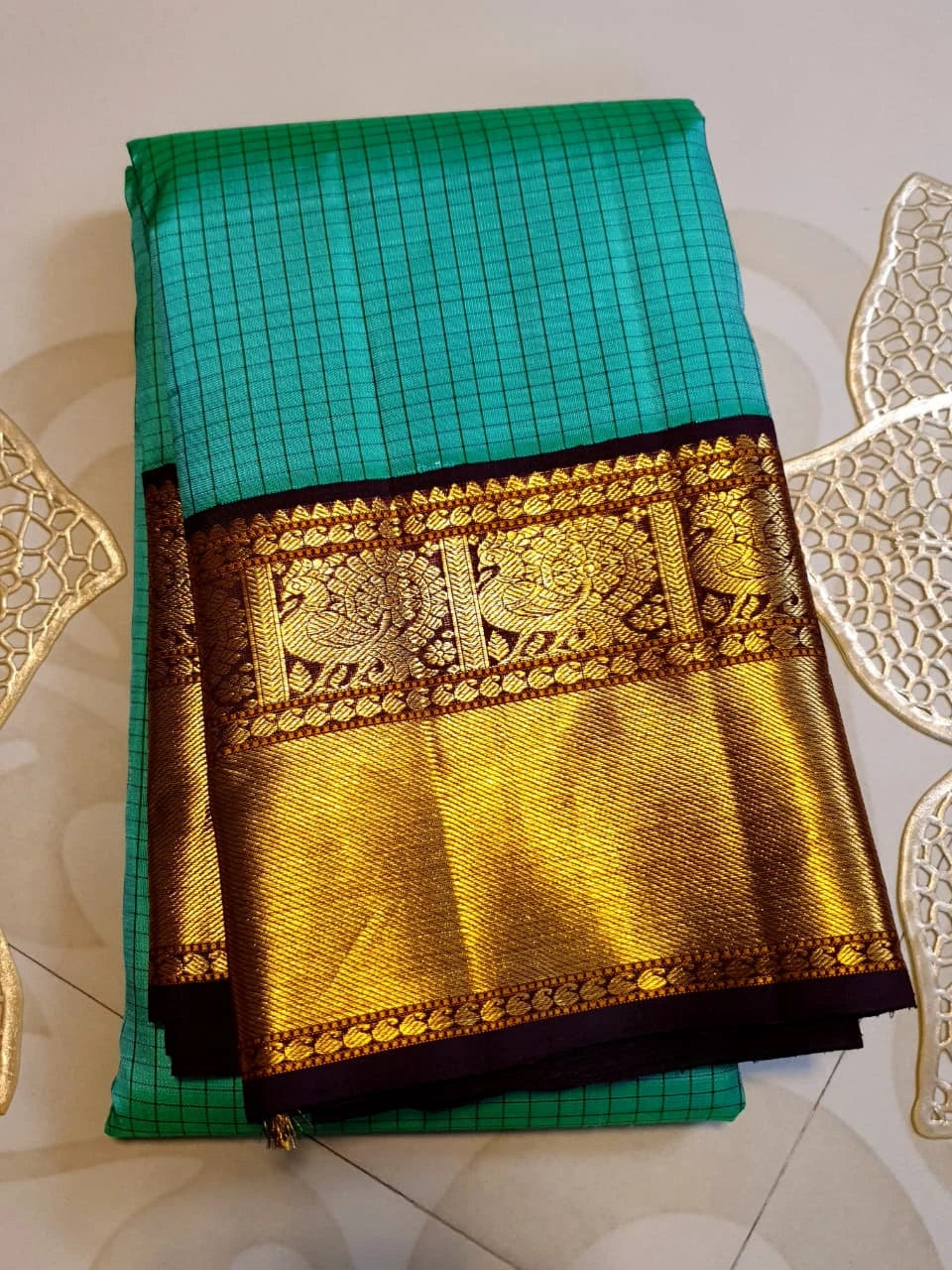 2G  Pure Korvai Kanjivaram Silk Saree in Turquoise Green with Black Checks, Brown Peacock Zari Border & Rich Gold Zari Pallu | Silkmark Certified