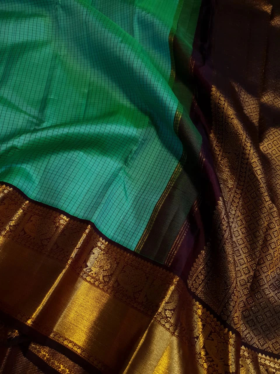 2G  Pure Korvai Kanjivaram Silk Saree in Turquoise Green with Black Checks, Brown Peacock Zari Border & Rich Gold Zari Pallu | Silkmark Certified