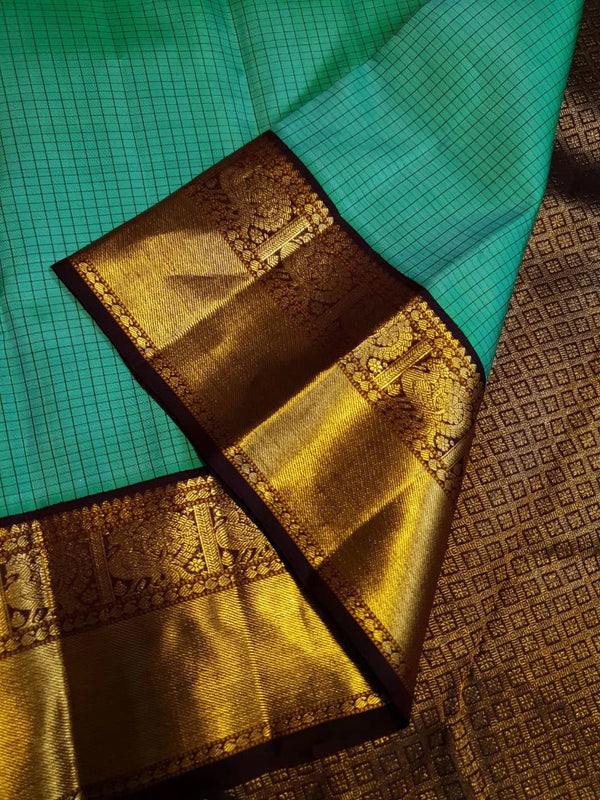 2G  Pure Korvai Kanjivaram Silk Saree in Turquoise Green with Black Checks, Brown Peacock Zari Border & Rich Gold Zari Pallu | Silkmark Certified