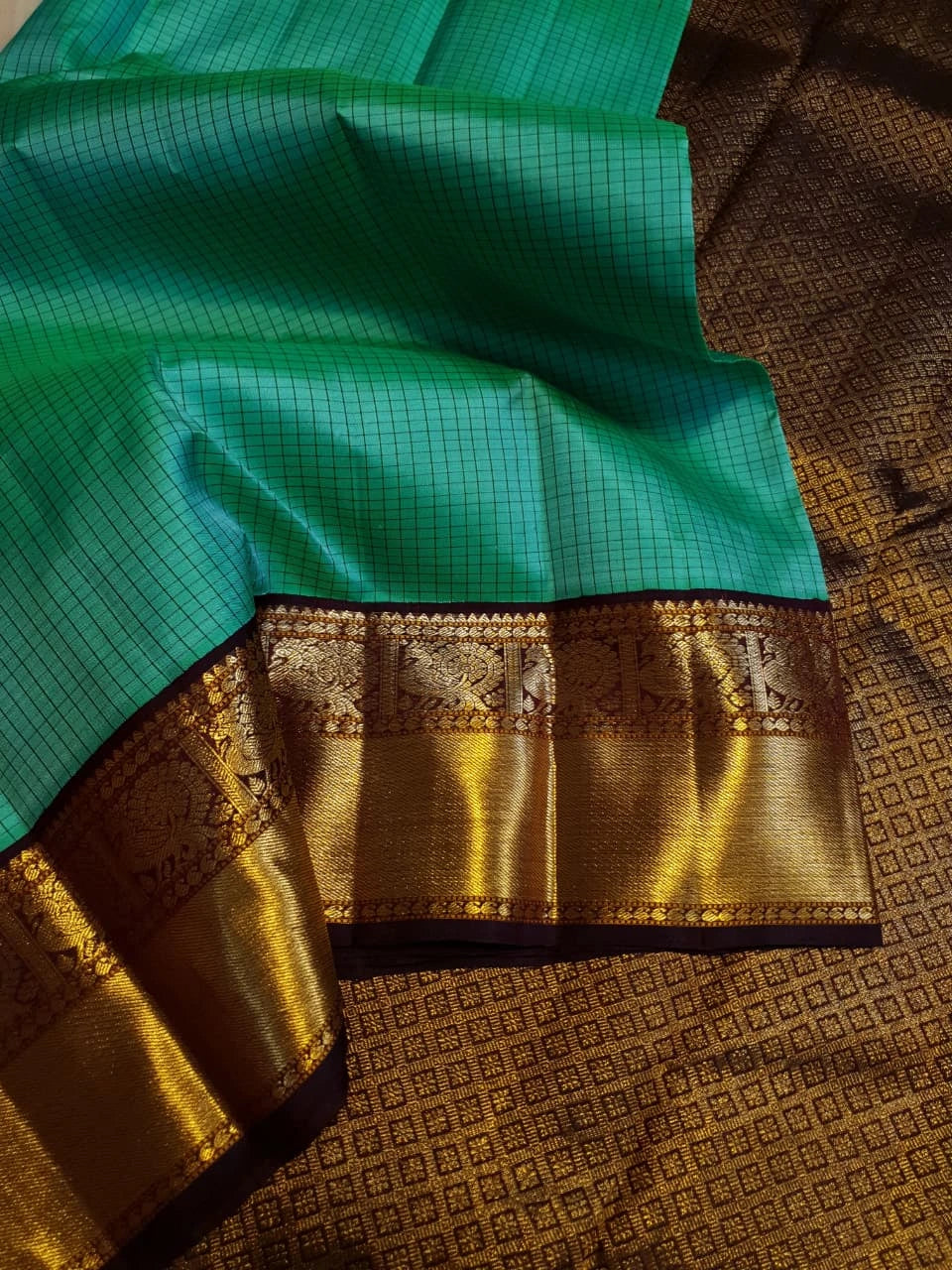 2G  Pure Korvai Kanjivaram Silk Saree in Turquoise Green with Black Checks, Brown Peacock Zari Border & Rich Gold Zari Pallu | Silkmark Certified