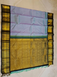 2G Pure Kanjivaram Silk Saree in Pastel Blue with Black Peacock Zari Border & Rich Gold Zari Pallu | Silkmark Certified