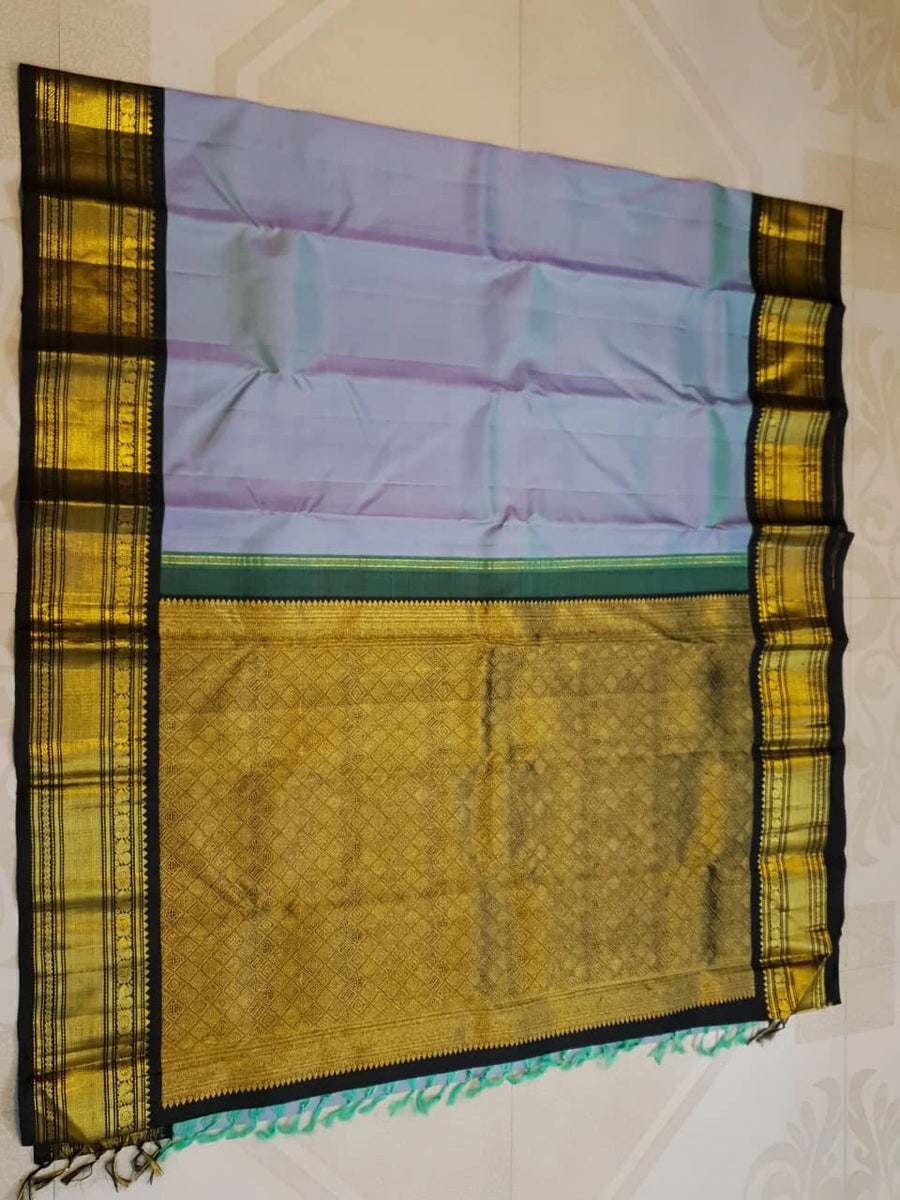 2G Pure Kanjivaram Silk Saree in Pastel Blue with Black Peacock Zari Border & Rich Gold Zari Pallu | Silkmark Certified