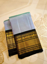 2G Pure Kanjivaram Silk Saree in Pastel Blue with Black Peacock Zari Border & Rich Gold Zari Pallu | Silkmark Certified