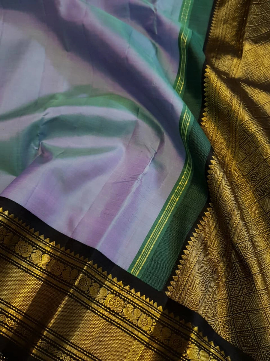 2G Pure Kanjivaram Silk Saree in Pastel Blue with Black Peacock Zari Border & Rich Gold Zari Pallu | Silkmark Certified