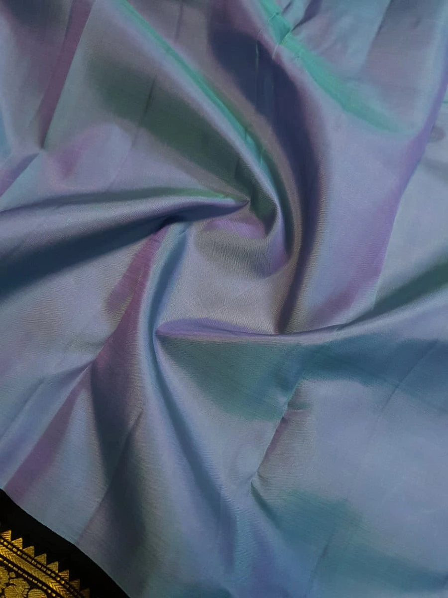 2G Pure Kanjivaram Silk Saree in Pastel Blue with Black Peacock Zari Border & Rich Gold Zari Pallu | Silkmark Certified