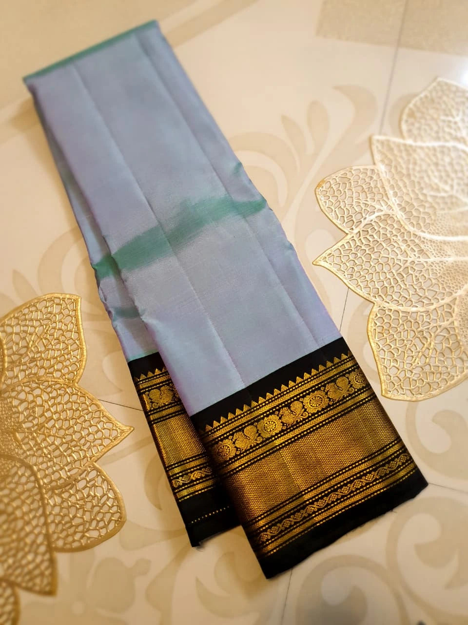 2G Pure Kanjivaram Silk Saree in Pastel Blue with Black Peacock Zari Border & Rich Gold Zari Pallu | Silkmark Certified