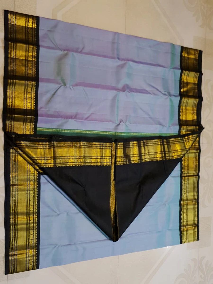 2G Pure Kanjivaram Silk Saree in Pastel Blue with Black Peacock Zari Border & Rich Gold Zari Pallu | Silkmark Certified