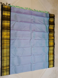 2G Pure Kanjivaram Silk Saree in Pastel Blue with Black Peacock Zari Border & Rich Gold Zari Pallu | Silkmark Certified