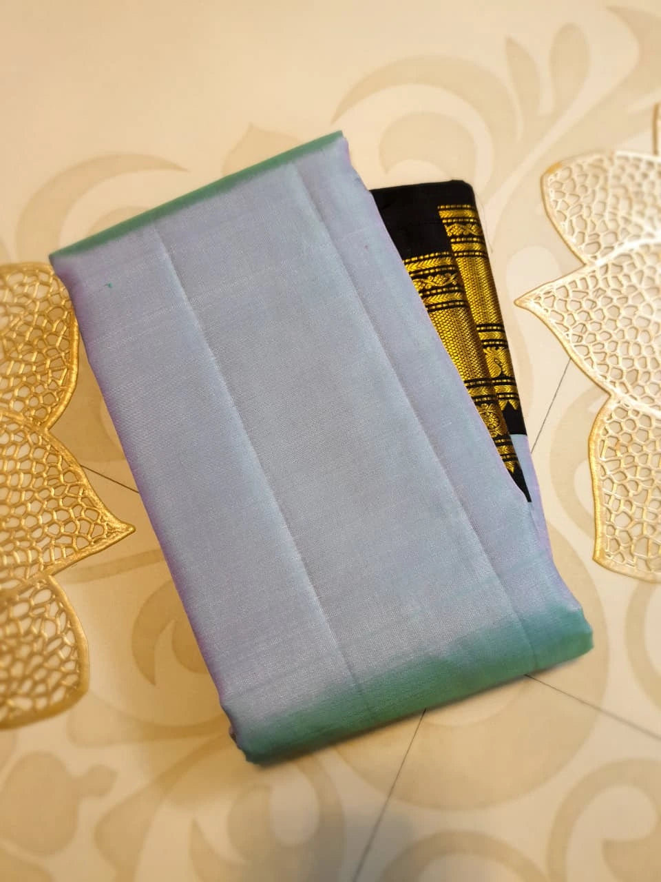 2G Pure Kanjivaram Silk Saree in Pastel Blue with Black Peacock Zari Border & Rich Gold Zari Pallu | Silkmark Certified