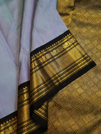2G Pure Kanjivaram Silk Saree in Pastel Blue with Black Peacock Zari Border & Rich Gold Zari Pallu | Silkmark Certified